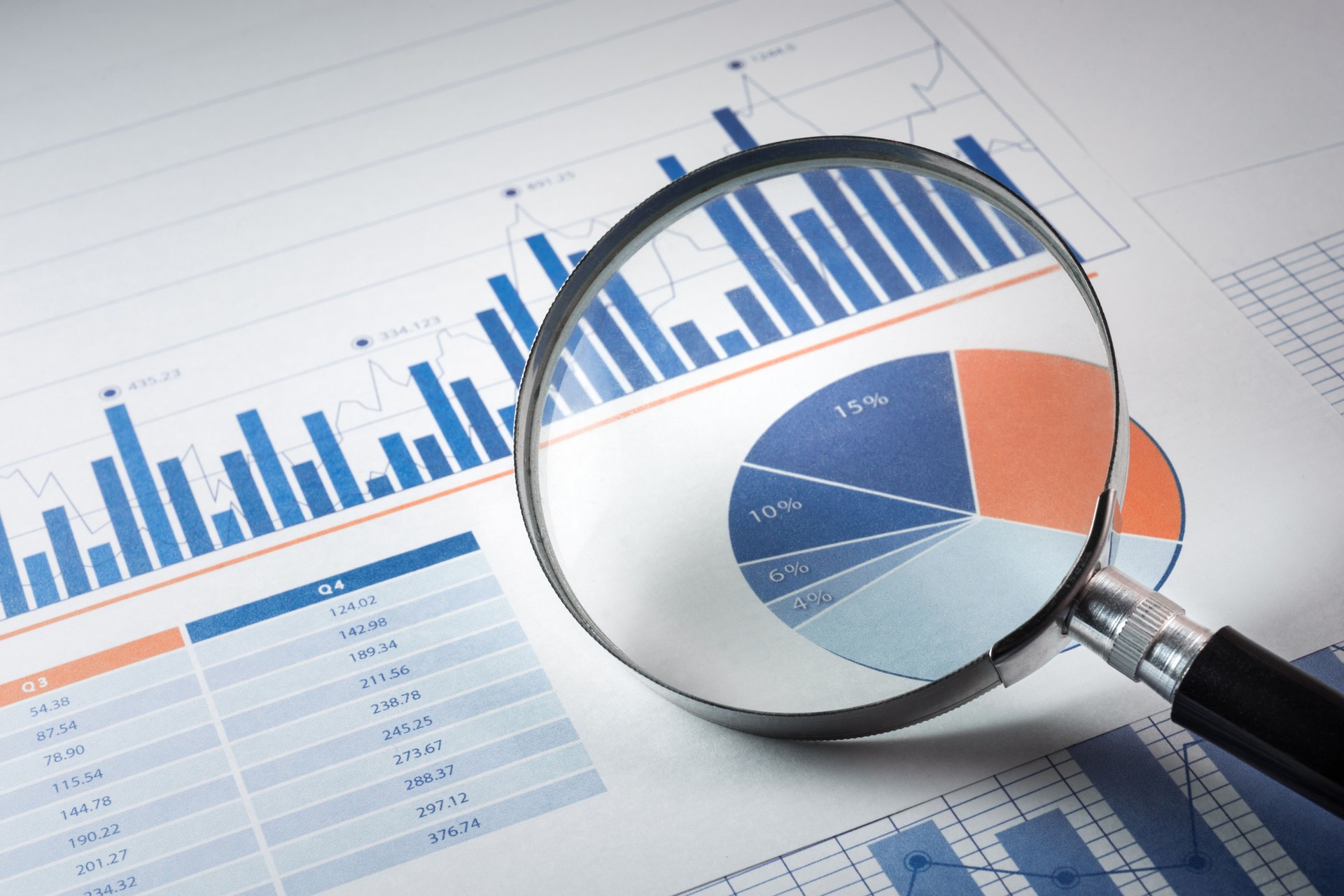 Magnifying glass and business growth graph / financial