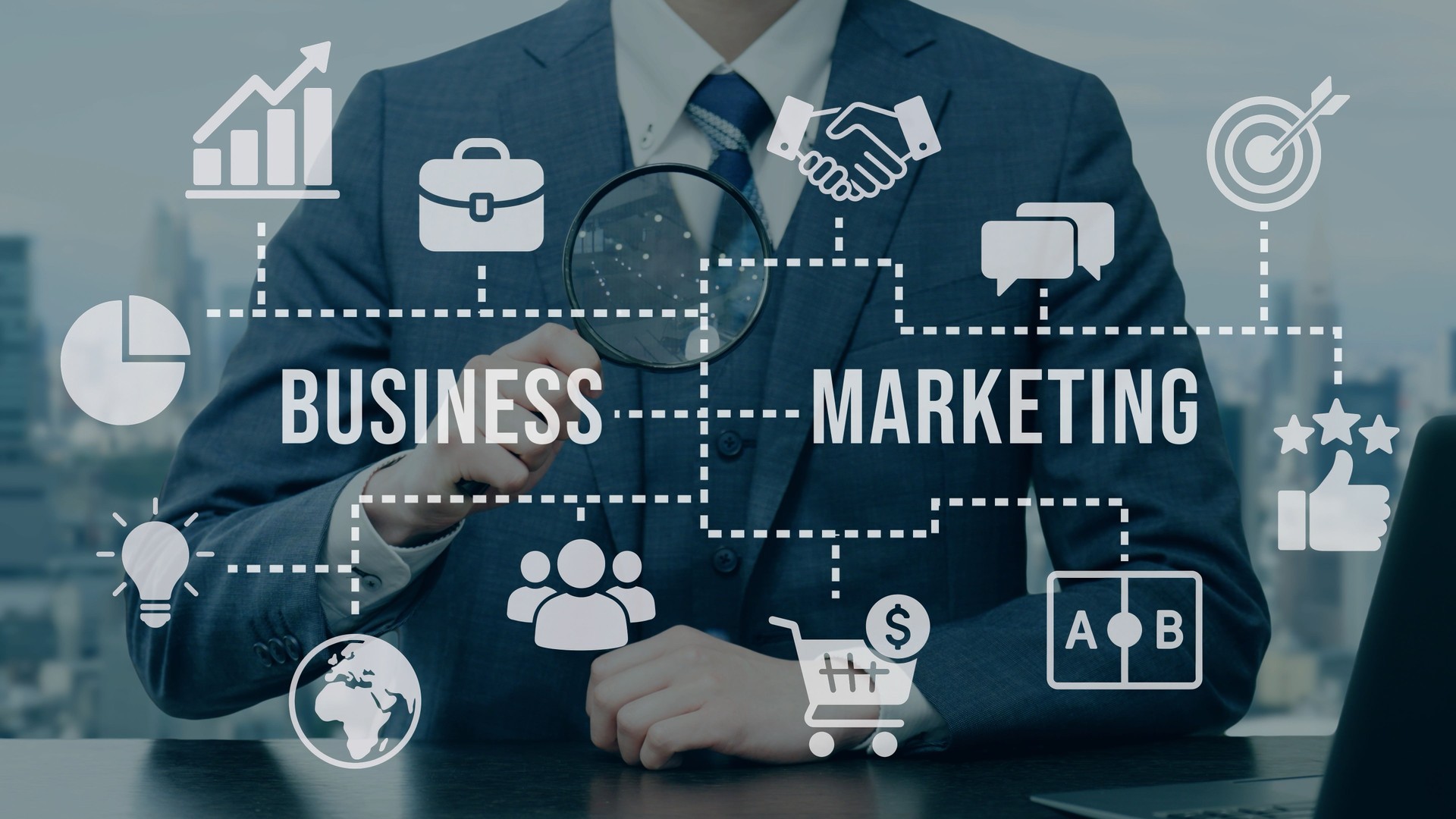Businessman doing marketing research with a magnifying glass